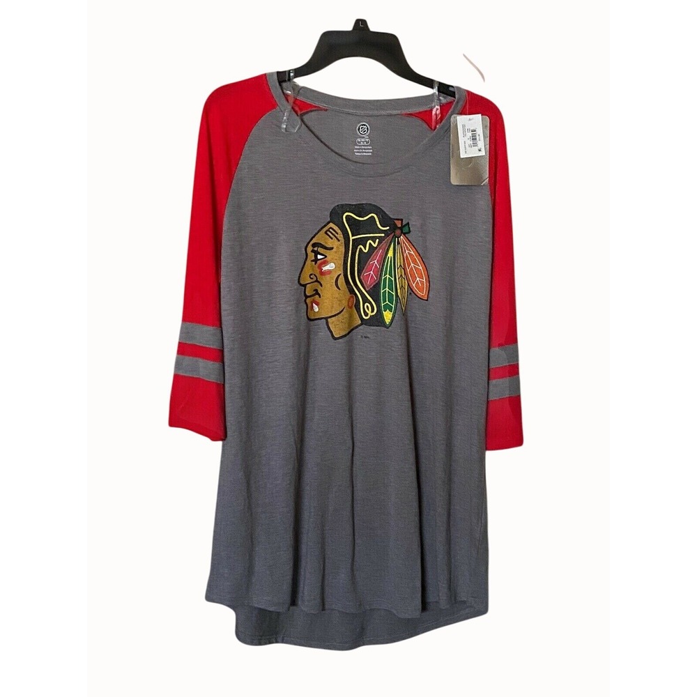 NHL Womens Chicago Blackhawks 3/4 Sleeve Raglan Shirt Gray & Red‎ XL 16-18
